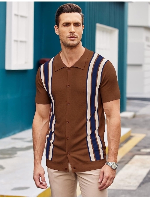 COOFANDY Men's Short Sleeve Knit Shirt Vintage Stripe Button Down Golf Polo Shirts