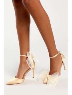 Tanyay Gold Satin Bow Pointed-Toe Ankle Strap Pumps