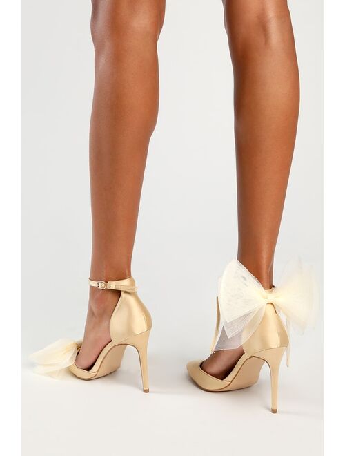 Lulus Tanyay Gold Satin Bow Pointed-Toe Ankle Strap Pumps