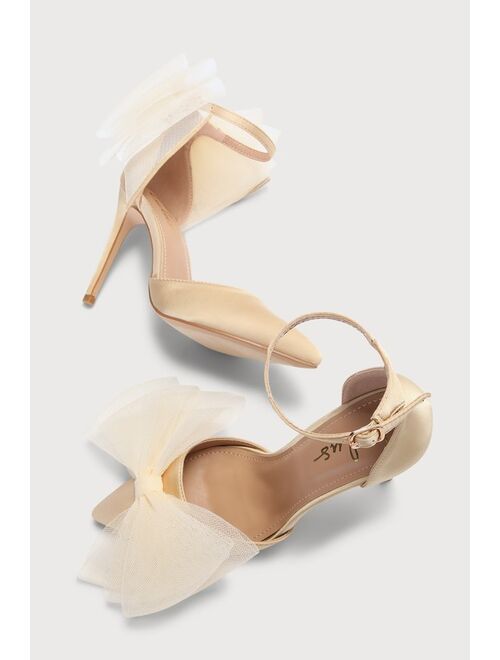 Lulus Tanyay Gold Satin Bow Pointed-Toe Ankle Strap Pumps