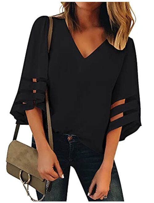 Lookbook Store LookbookStore Women's V Neck Mesh Panel Blouse 3/4 Bell Sleeve Loose Top Shirt
