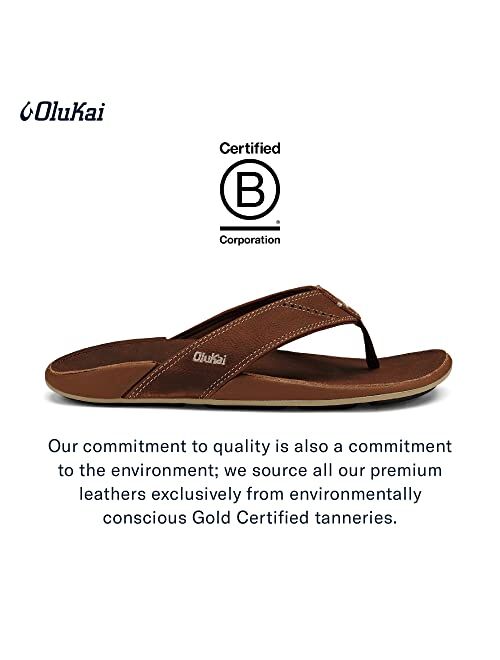 OLUKAI Nui Men's Beach Sandals, Full Grain Leather Flip-Flop Slides, Compression Molded Footbed & Ultra-Soft Comfort Fit
