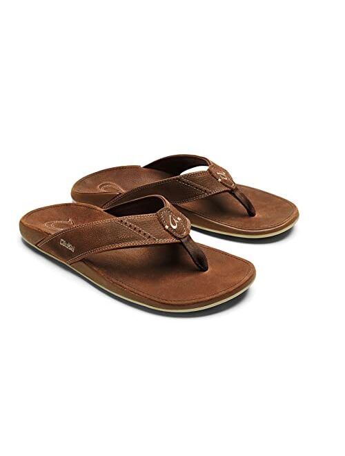 OLUKAI Nui Men's Beach Sandals, Full Grain Leather Flip-Flop Slides, Compression Molded Footbed & Ultra-Soft Comfort Fit