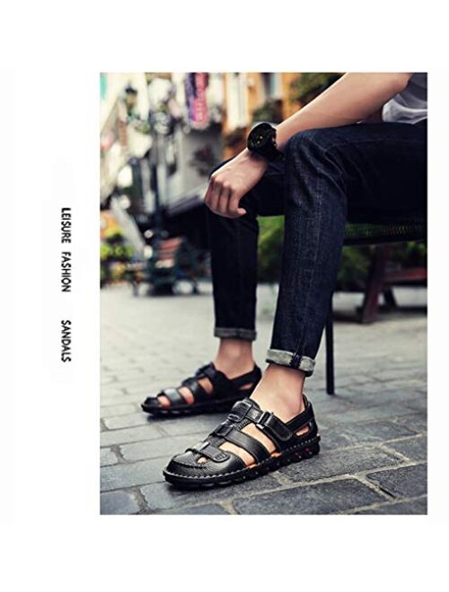 Zhnshm Mens Summer Casual Closed Toe Leather Sandals Outdoor Fisherman Adjustable Beach Shoes
