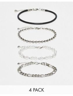 4 pack mixed chain bracelet set with faux pearl and black cord in silver tone