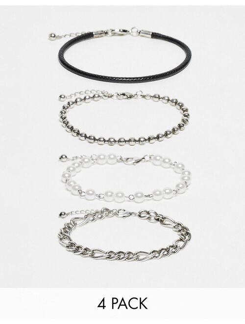 ASOS DESIGN 4 pack mixed chain bracelet set with faux pearl and black cord in silver tone