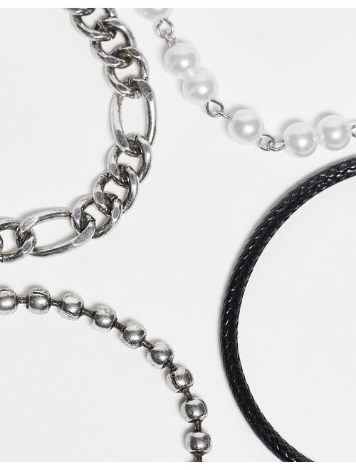 ASOS DESIGN 4 pack mixed chain bracelet set with faux pearl and black cord in silver tone