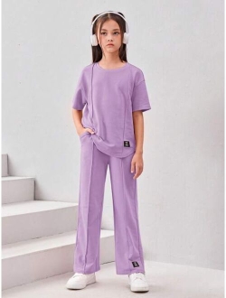 Tween Girl Letter Patched Detail Drop Shoulder Tee & Pants