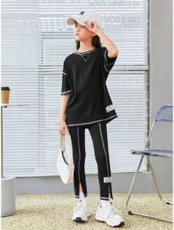 Tween Girl Slogan Patched Drop Shoulder Tee & Split Hem Leggings