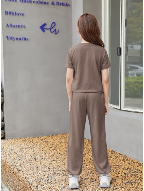 SHEIN Kids KDOMO Girls Patch Detail Tee & Pants