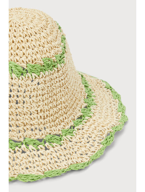 Lulus Sunshine Dreams Beige and Green Woven Straw Bucket Hat