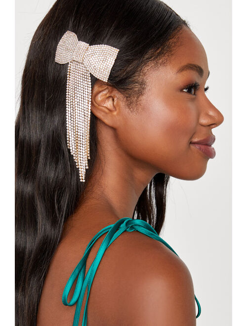 Lulus Gorgeous Gift Gold Rhinestone Bow Fringe Hair Clip