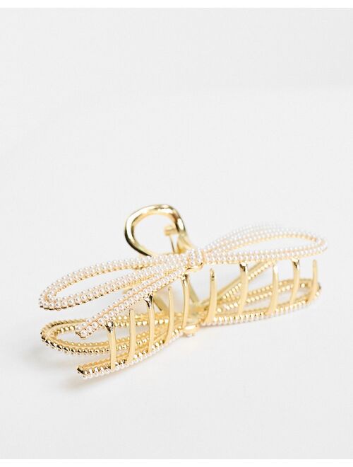 ASOS DESIGN metal hair claw with pearl detail in gold tone
