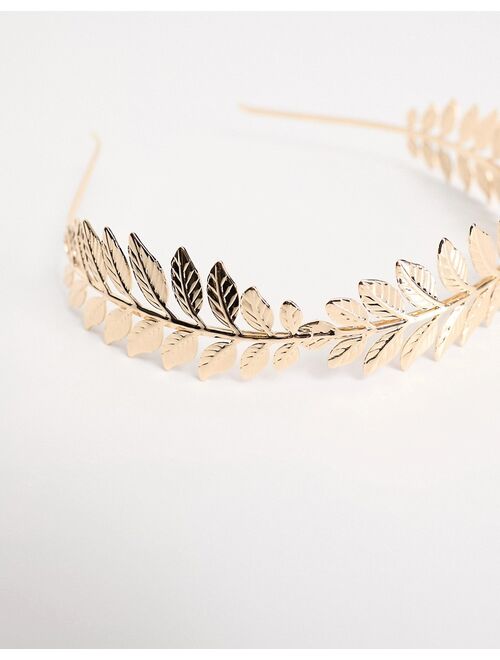 ASOS DESIGN headband with leaf design in gold tone