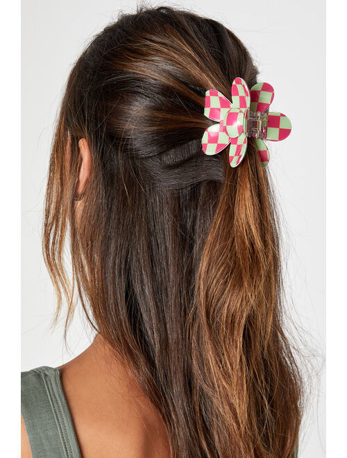 Lulus Hair Necessities Pink Multi Checkered Flower Hair Clip Set