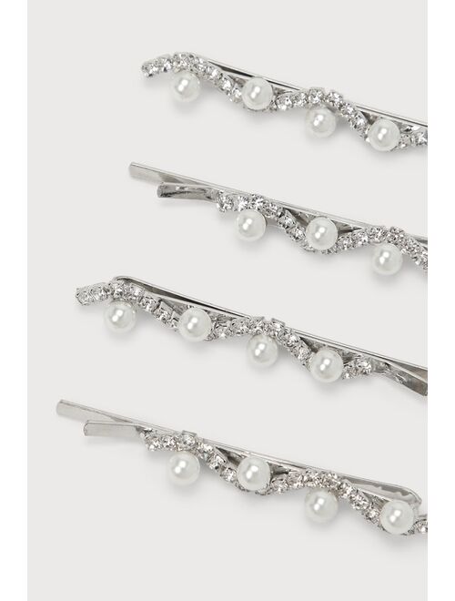 Lulus Brightly Beaming Silver Rhinestone Pearl Hair Pin Set