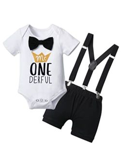 DONWEN Baby Boy First Birthday Outfit Mr Onederful Bowtie Romper + Suspender Shorts+ Party Hat Cake Smash Outfits