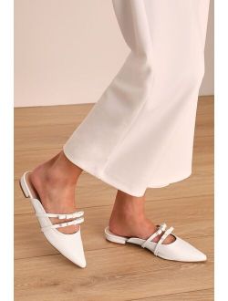 Lyanna White Pointed-Toe Bow Mules