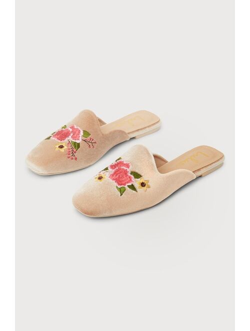 Lulus Maggy Light Nude Velvet Embroidered Square-Toe Loafer Slides