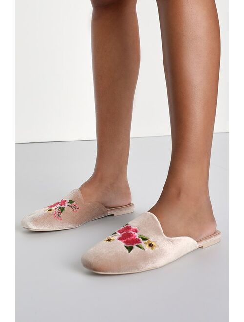 Lulus Maggy Light Nude Velvet Embroidered Square-Toe Loafer Slides