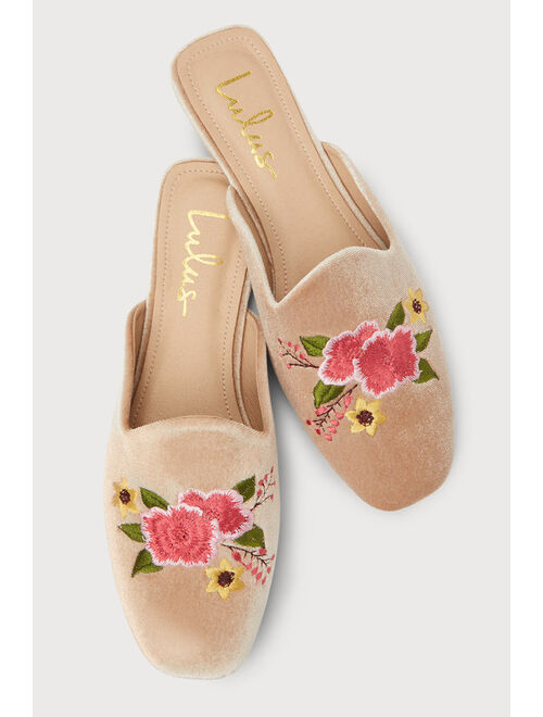 Lulus Maggy Light Nude Velvet Embroidered Square-Toe Loafer Slides