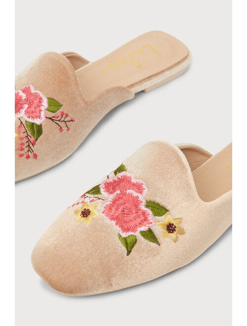 Lulus Maggy Light Nude Velvet Embroidered Square-Toe Loafer Slides