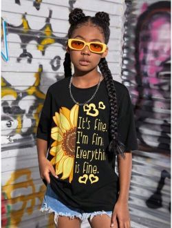 Kids Cooltwn Girls Slogan Sunflower Print Drop Shoulder Tee