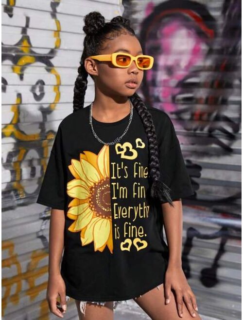 SHEIN Kids Cooltwn Girls Slogan Sunflower Print Drop Shoulder Tee