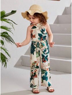 Kids SUNSHNE Toddler Girls Tropical Print Belted Halter Jumpsuit