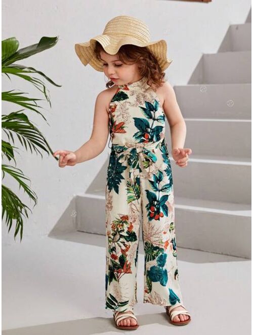SHEIN Kids SUNSHNE Toddler Girls Tropical Print Belted Halter Jumpsuit