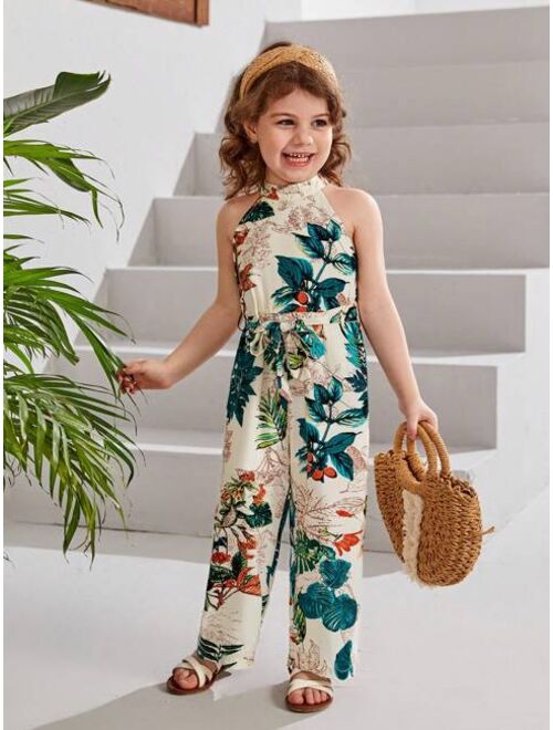 SHEIN Kids SUNSHNE Toddler Girls Tropical Print Belted Halter Jumpsuit