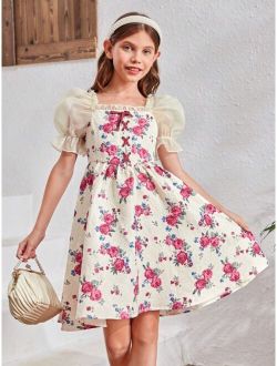 Tween Girl Floral Print Puff Sleeve Frill Trim Lace Up Front Dress