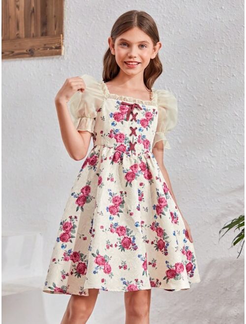 SHEIN Tween Girl Floral Print Puff Sleeve Frill Trim Lace Up Front Dress