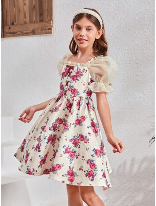 SHEIN Tween Girl Floral Print Puff Sleeve Frill Trim Lace Up Front Dress