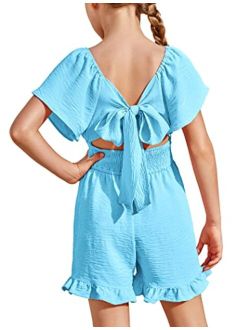 Girls Summer Jumpsuits Tie Back Off Shoulder Short Sleeve One Piece Rompers Ruffle Smocked Casual Shorts Outfits