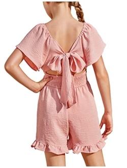 Girls Summer Jumpsuits Tie Back Off Shoulder Short Sleeve One Piece Rompers Ruffle Smocked Casual Shorts Outfits