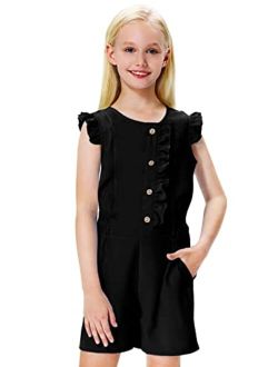 Remimi Girls Ruffled Short Rompers Summer Button Down Jumpsuit With Pockets 5-12 Years