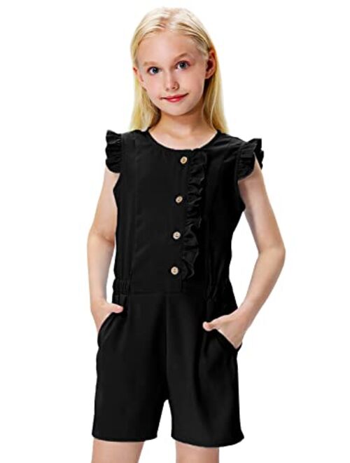 Remimi Girls Ruffled Short Rompers Summer Button Down Jumpsuit With Pockets 5-12 Years