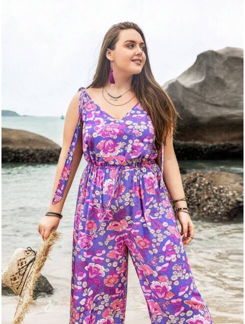 Rusttydustty Plus Floral Print Tie Shoulder Wide Leg Jumpsuit