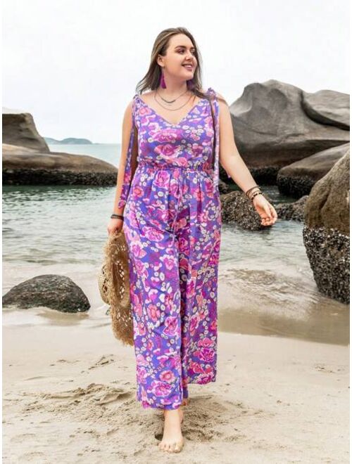 Rusttydustty Plus Floral Print Tie Shoulder Wide Leg Jumpsuit