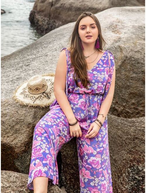 Rusttydustty Plus Floral Print Tie Shoulder Wide Leg Jumpsuit