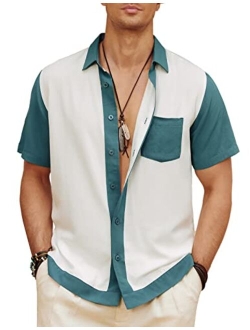 Men Contrast 70s Vintage Bowling Shirt Short Sleeve Button Down Summer Shirt