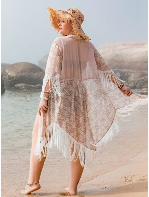 Rusttydustty Plus Geo Print Fringe Trim Kimono