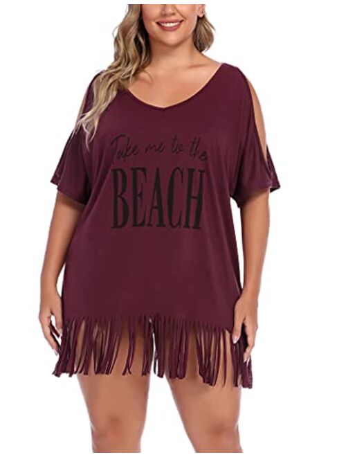 IN'VOLAND Women Plus Size Swimwear T-Shirts V Neck Letters Print Swimwear Bikini Beach Cover up