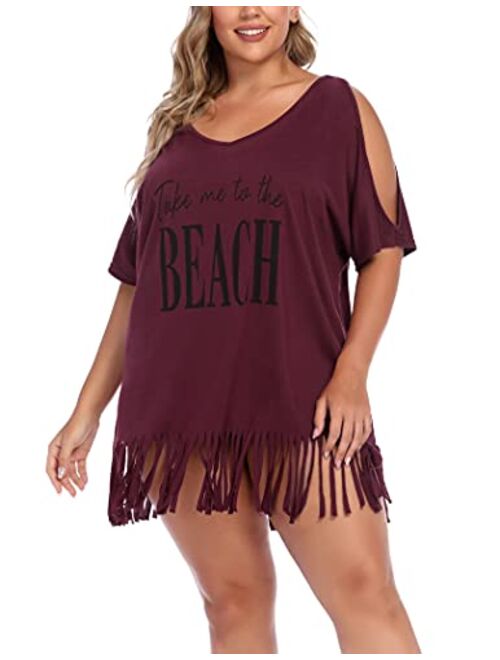 IN'VOLAND Women Plus Size Swimwear T-Shirts V Neck Letters Print Swimwear Bikini Beach Cover up