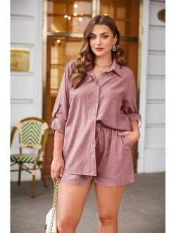 IN'VOLAND Women's Plus Size 2 Piece Outfits Cotton Linen Shirt and Drawstring Shorts Set Summer Casual Tracksuits 2023