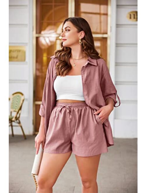IN'VOLAND Women's Plus Size 2 Piece Outfits Cotton Linen Shirt and Drawstring Shorts Set Summer Casual Tracksuits 2023