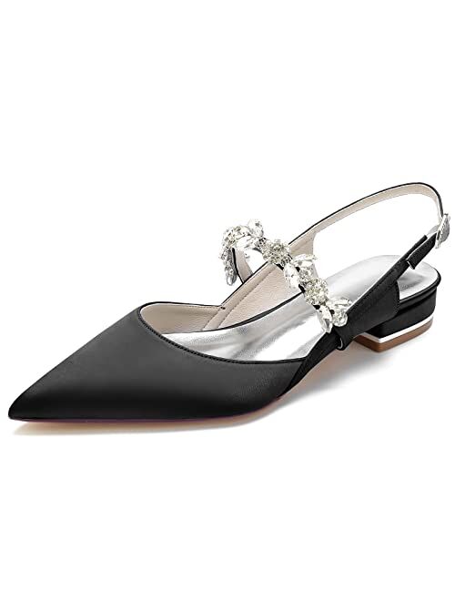 HKMEI Women's Pointed Toe Satin Wedding Flats for Bride Comfortable Rhinestones Bridal Shoes Evening Prom Party Dress Shoes Pumps
