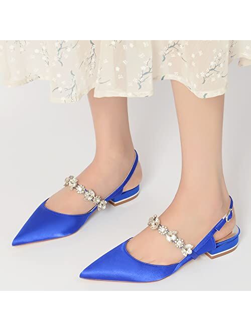 HKMEI Women's Pointed Toe Satin Wedding Flats for Bride Comfortable Rhinestones Bridal Shoes Evening Prom Party Dress Shoes Pumps