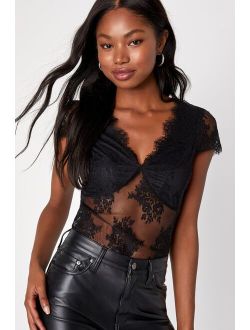 Ideally Sultry Black Lace Sheer Short Sleeve Bodysuit